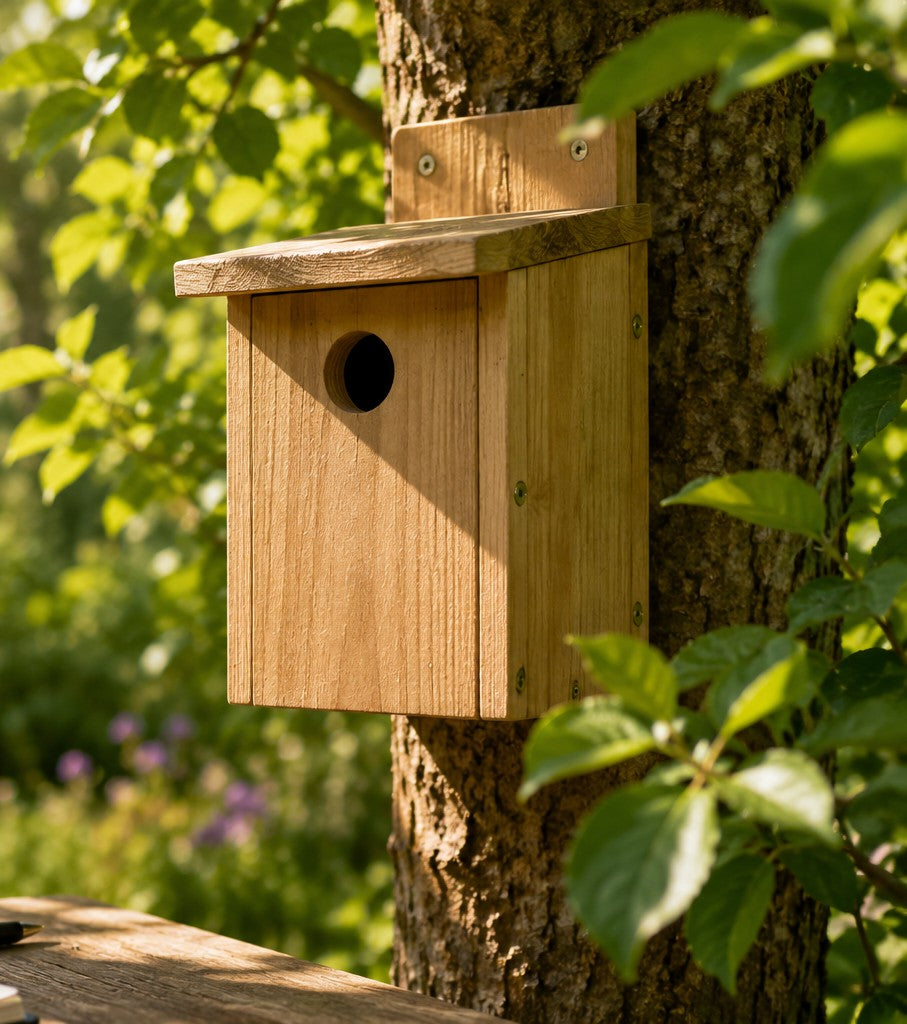 Wooden birdhouse mounted on a tree trunk in dappled light