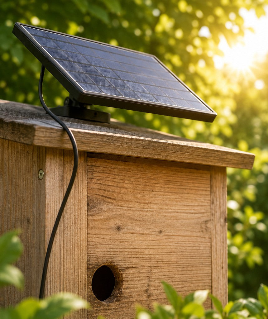 Solar panel mounted on the roof of a wooden birdhouse in sunlight
