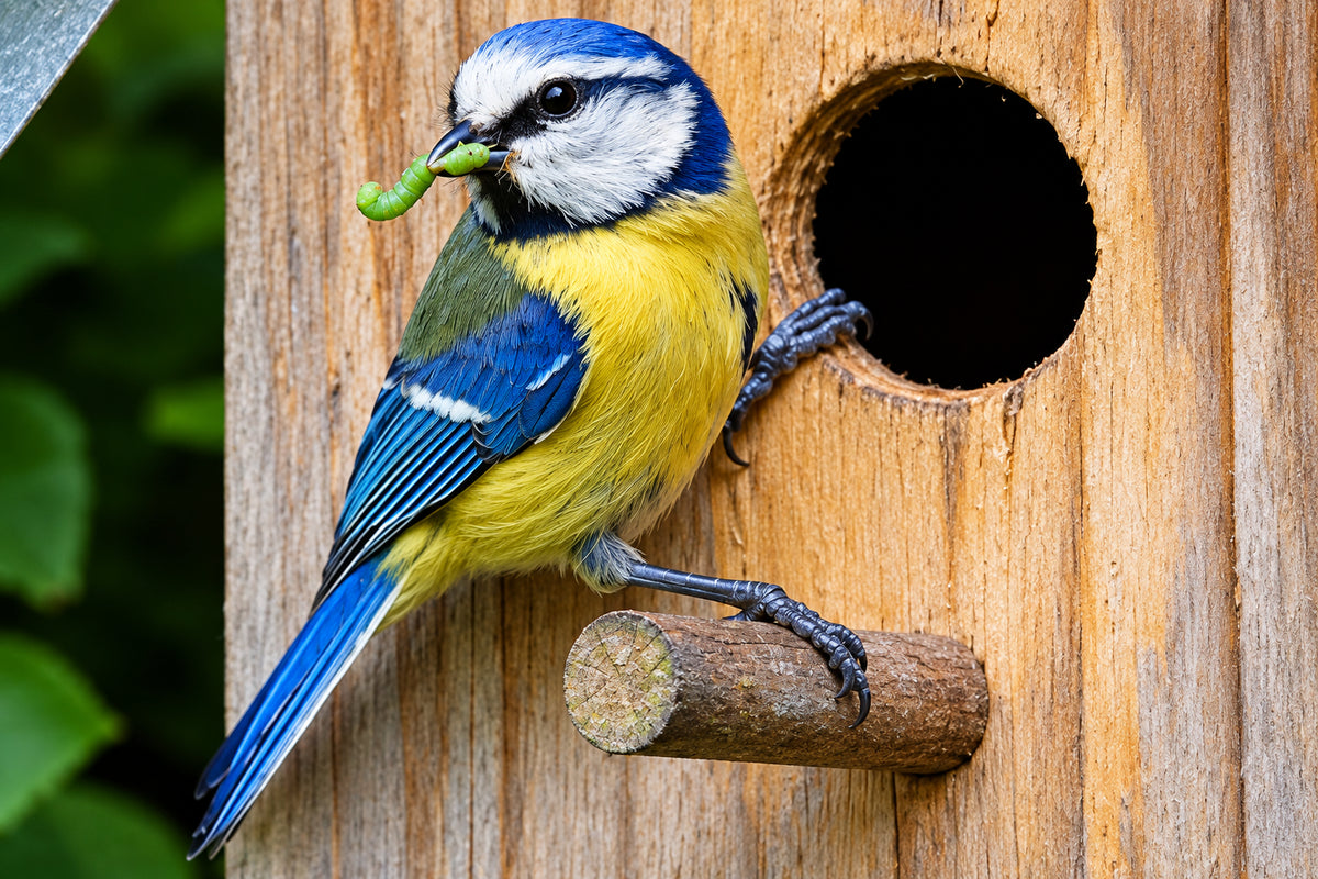 Bird carrying food at a birdhouse entrance