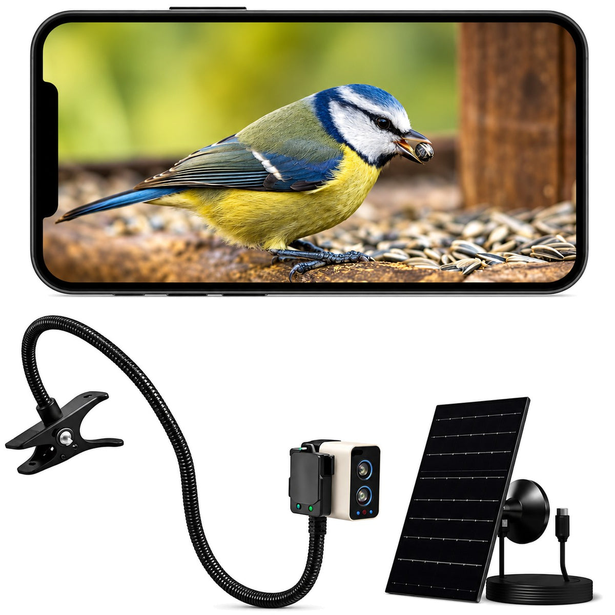 PeekWild Solar WiFi Bird Feeder Camera with flexible gooseneck clip and solar panel