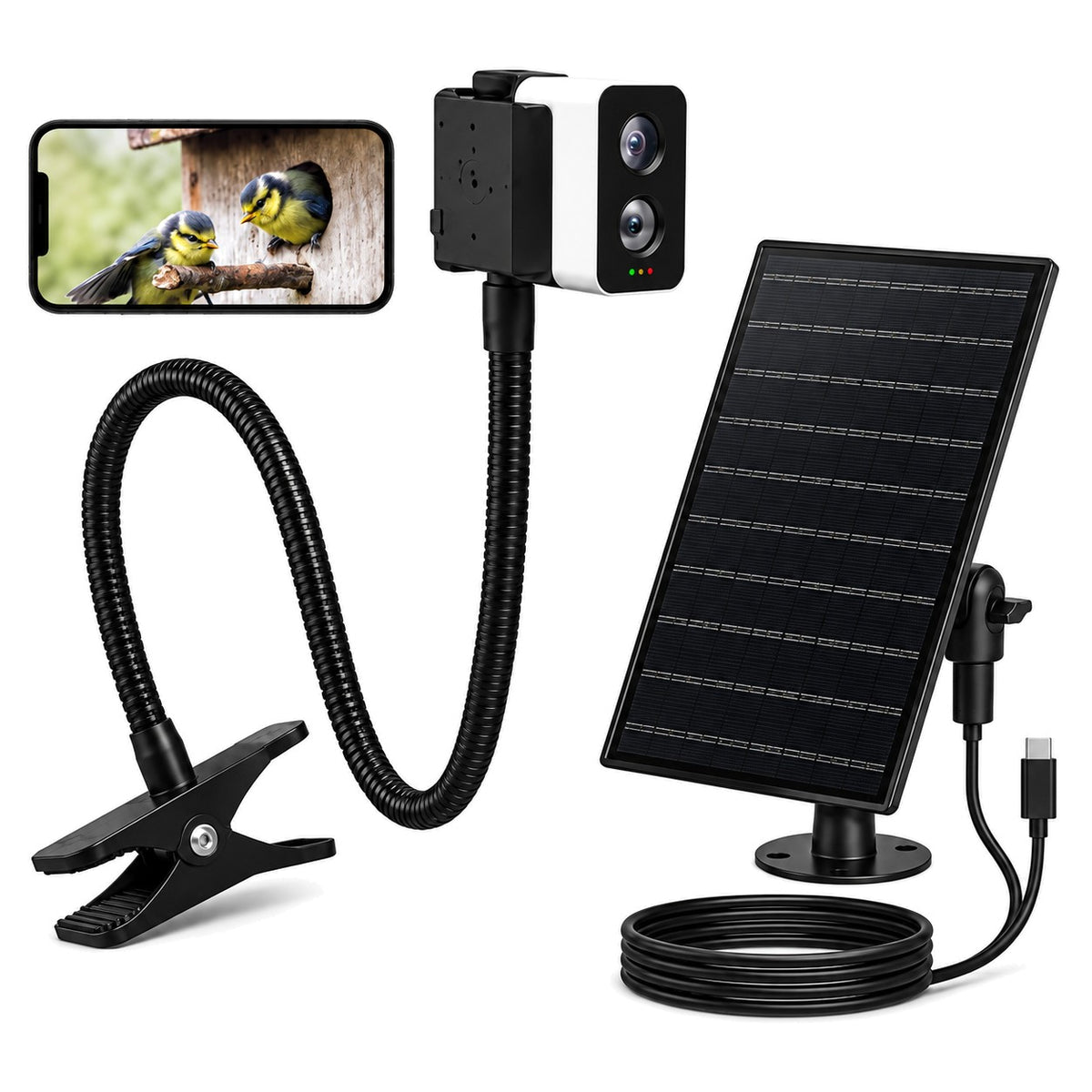 PeekWild Solar WiFi Birdhouse Entrance Camera with flexible gooseneck clip and solar panel