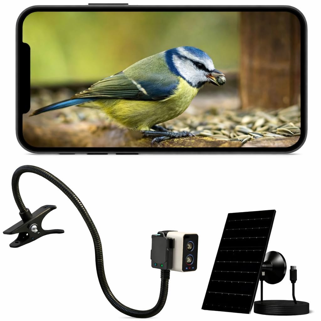 PeekWild Solar WiFi Bird Feeder Camera with flexible gooseneck clip and solar panel
