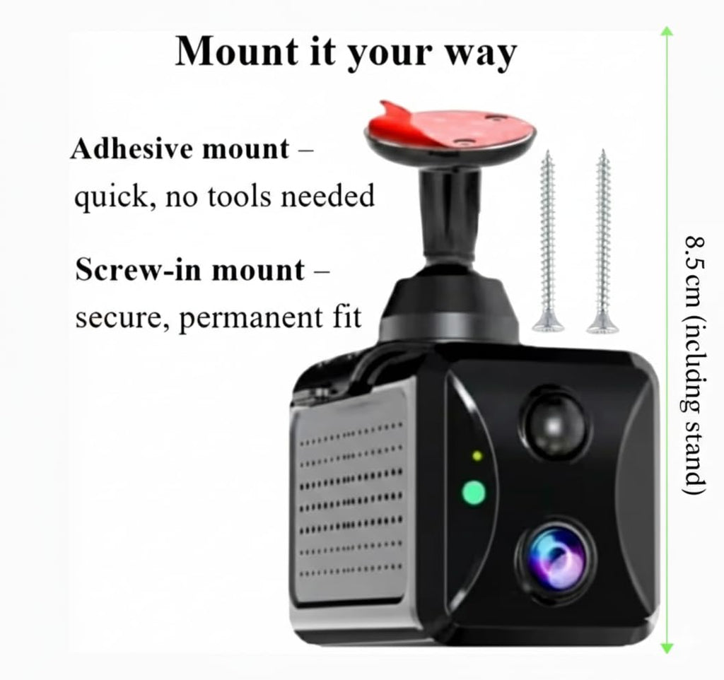 Camera mounting options: adhesive mount or screw-in mount, 3.3 in (8.5 cm) tall including stand