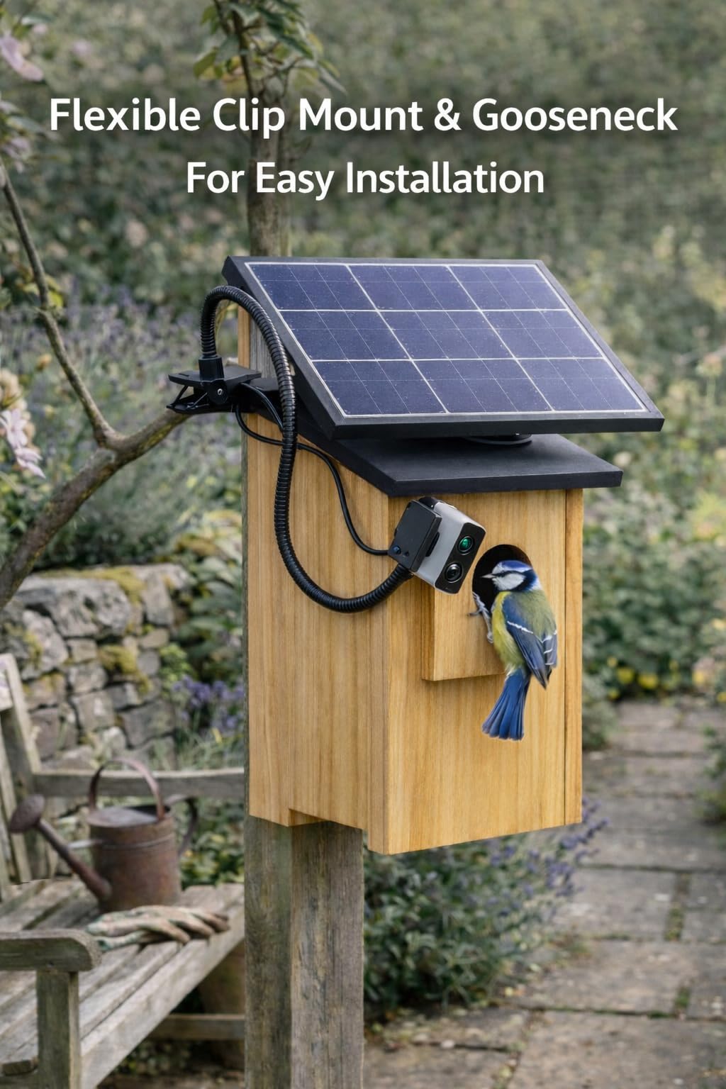 Entrance camera clipped to a wooden birdhouse on a post, with the solar panel on the roof