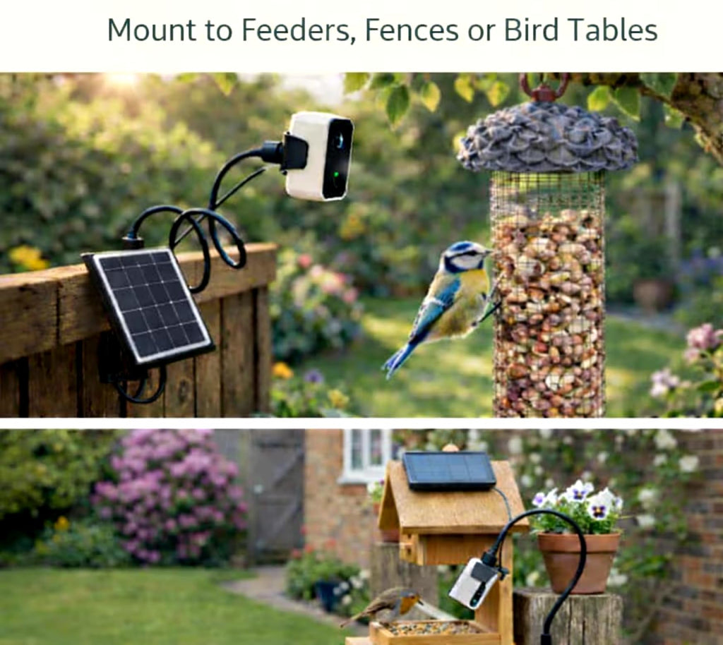 Bird feeder camera mounted beside a feeder and on a backyard bird table