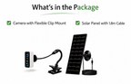 What's in the package: camera with flexible clip mount and solar panel with 1.8 m cable