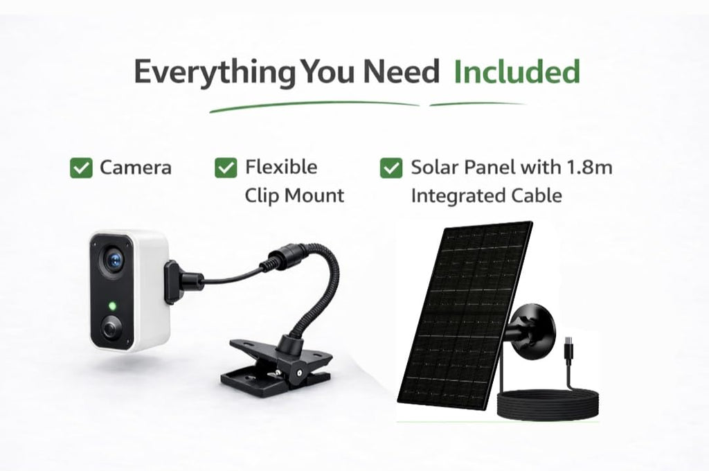 What's included: camera, flexible clip mount and solar panel with cable