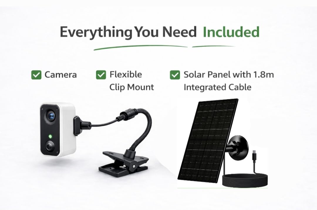 What's included: camera, flexible clip mount and solar panel with cable