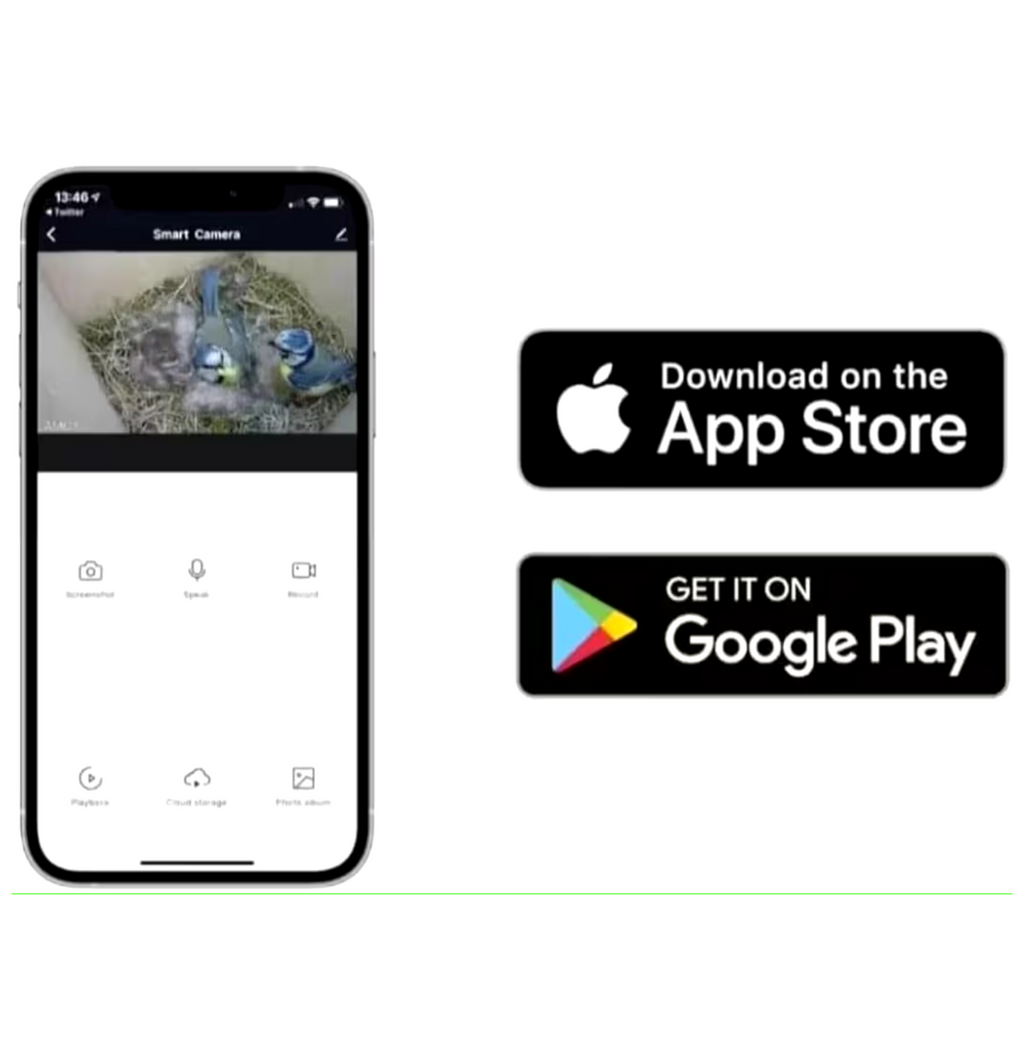 PeekWild app live view on a phone, available on the App Store and Google Play