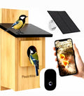 PeekWild Smart Birdhouse with 5MP Camera, solar panel and phone showing chicks in the nest