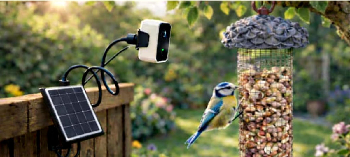Feeder camera and solar panel clipped beside a seed feeder in a backyard