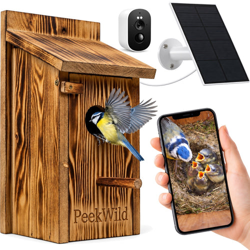 PeekWild Smart Birdhouse with 5MP WiFi Camera in carbonized pine, with camera, solar panel and phone